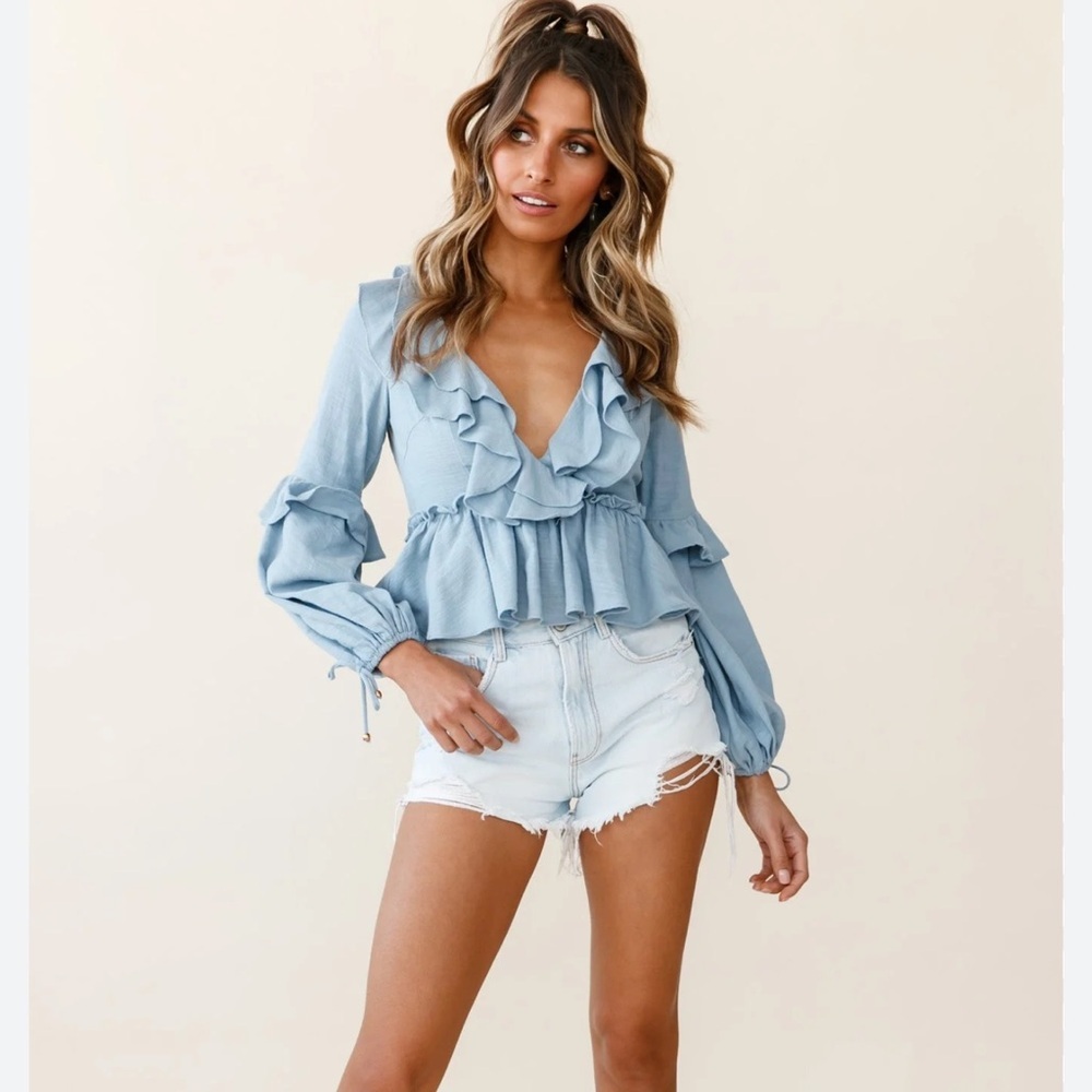 FASHION SUMMER BLUE DEEP V-NECK RUFFLE TOP WITH BELL SLEEVE TIE-UP